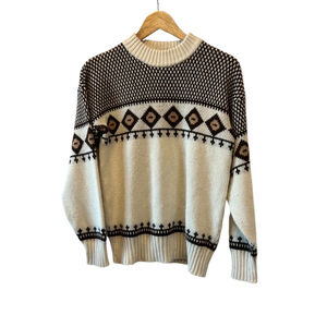 VINTAGE Cream & Brown Printed High Neck Pullover Long Sleeve Knit Sweater 46